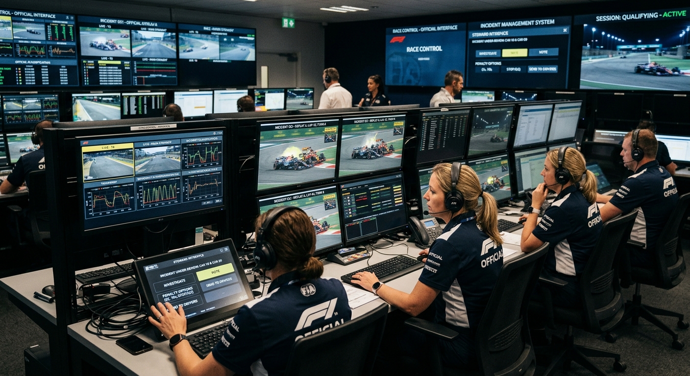 Race control monitors showing multiple angles of an incident to determine if hardware failure was the primary cause.