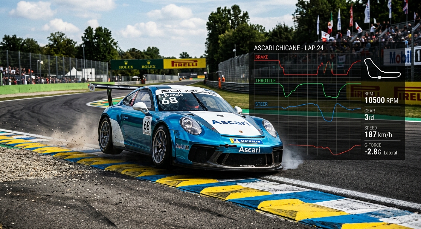 A GT3 car aggressively attacks the Ascari curbs with professional telemetry data analysis overlaid on the track surface.