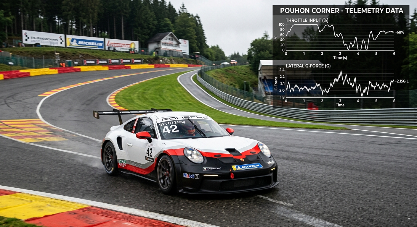 A Porsche 911 GT3 Cup navigating Pouhon with an overlaid telemetry trace showing smooth throttle application.