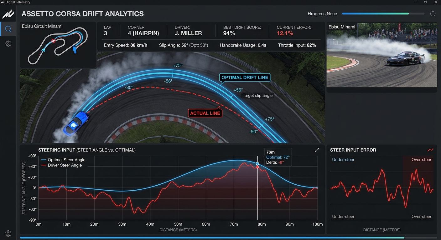 Using RaceData AI to analyze throttle modulation and steering rack speed for consistent slides.