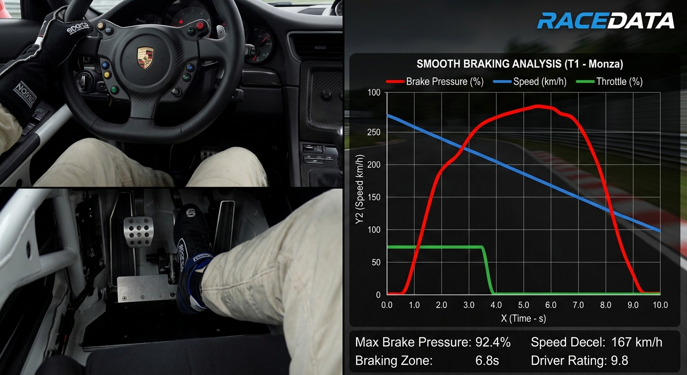 Comparison of foot position and resulting telemetry data showing smooth trail braking modulation.