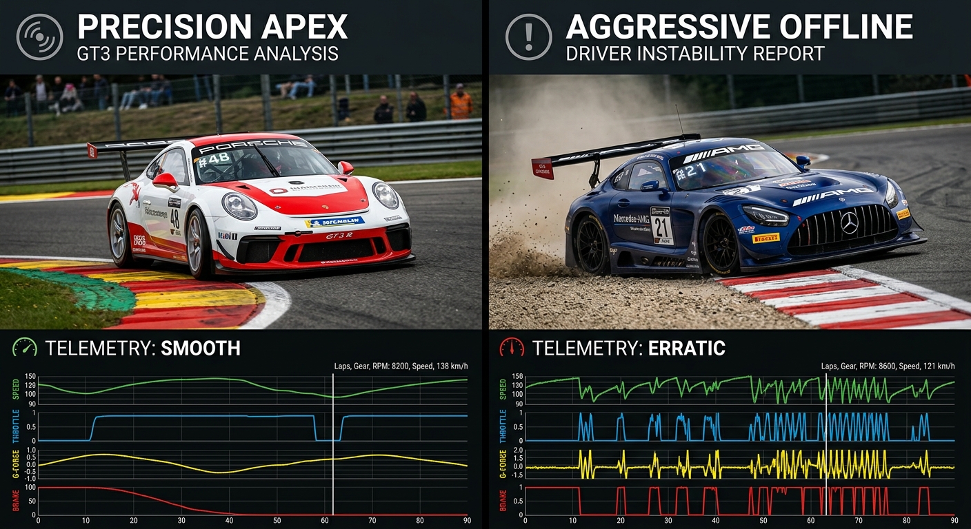 A split-screen comparison showing smooth telemetry lines versus jagged spikes caused by overdriving on a GT3 track.
