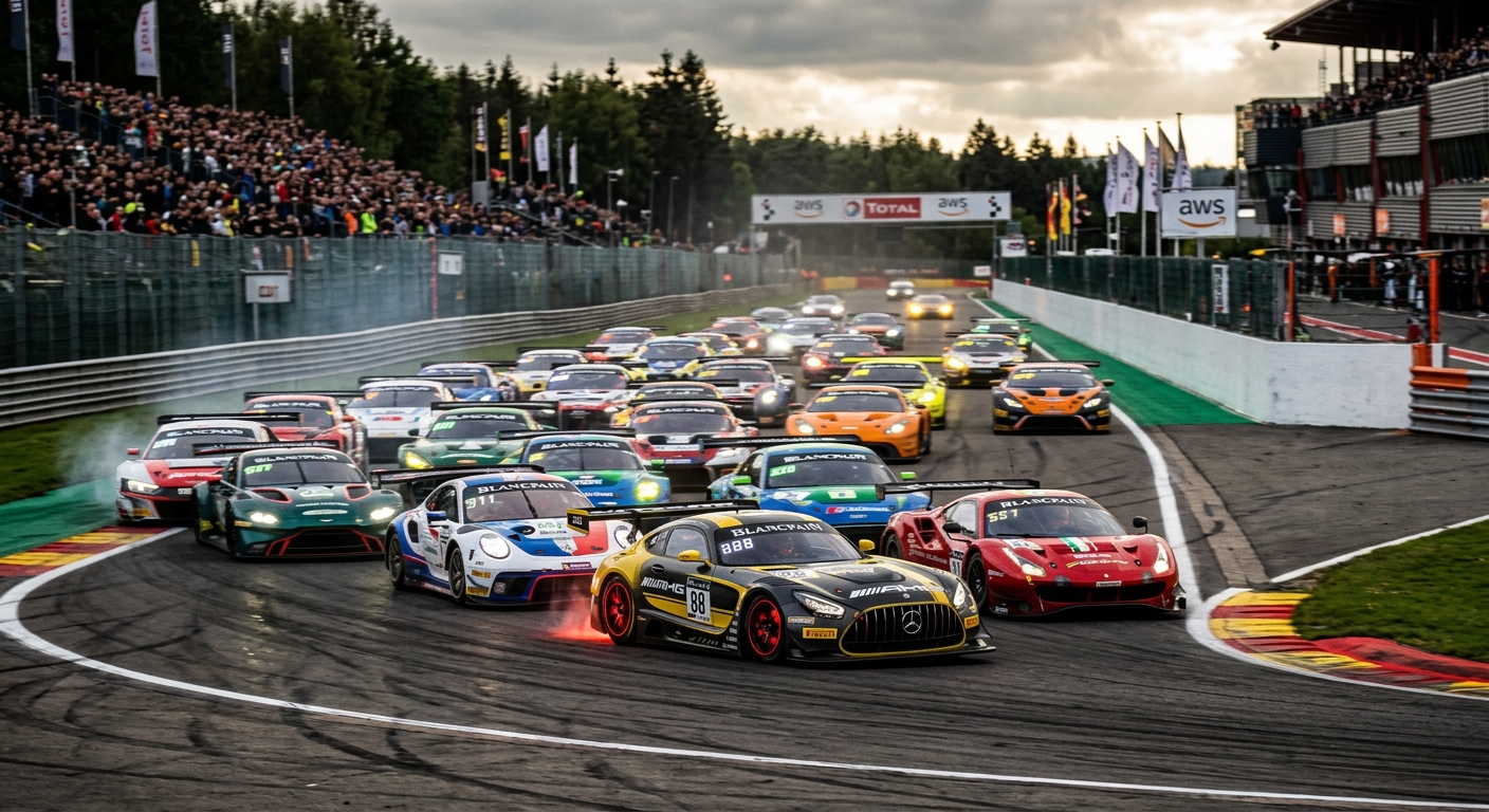 A dense pack of GT3 cars navigating a tight opening corner with telemetry heat-map overlays.