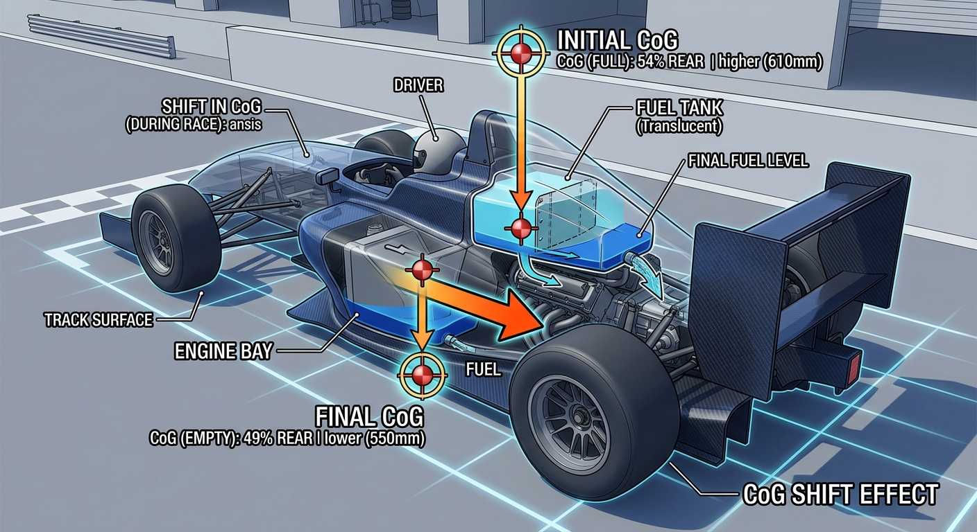 Visualizing how fuel depletion shifts the center of gravity and affects overall vehicle balance during a race.
