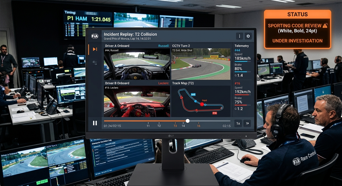 A professional race control interface used for reviewing incidents based on the official Sporting Code standards.