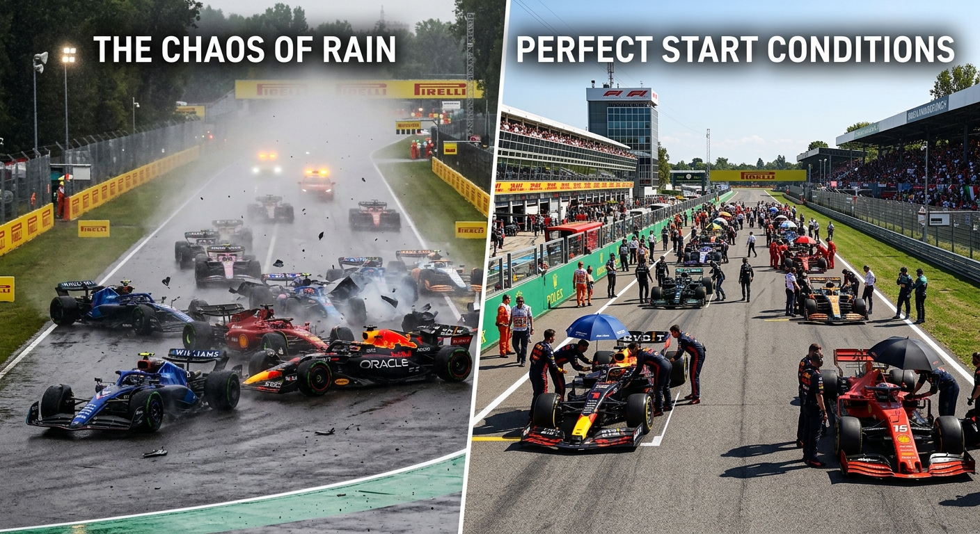 A comparison showing the contrast between public lobby accidents and a professionally stewarded organized racing grid.