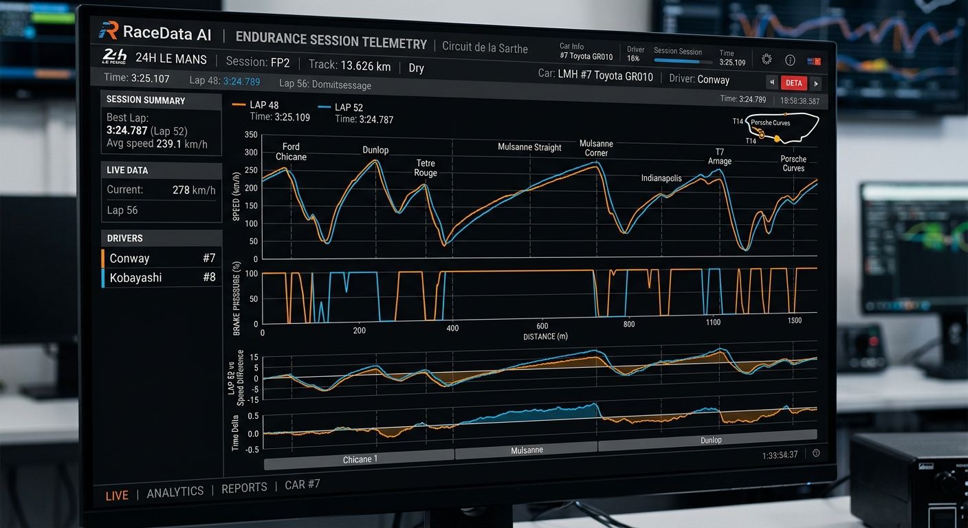 Using RaceData AI to compare braking traces and identify performance shifts caused by changing fuel weights.