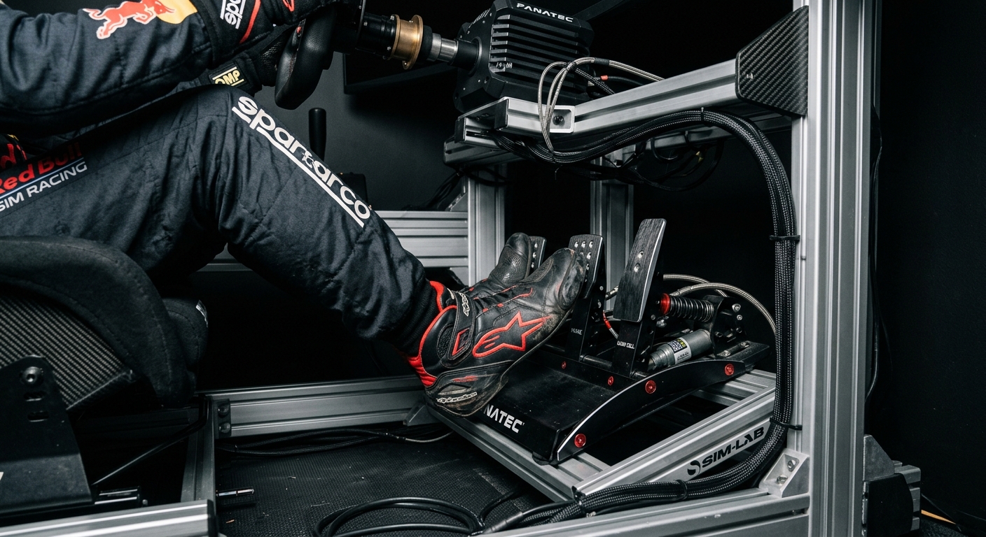 A driver precisely modulating the brake pedal in a high-end sim racing cockpit during a technical corner sequence.