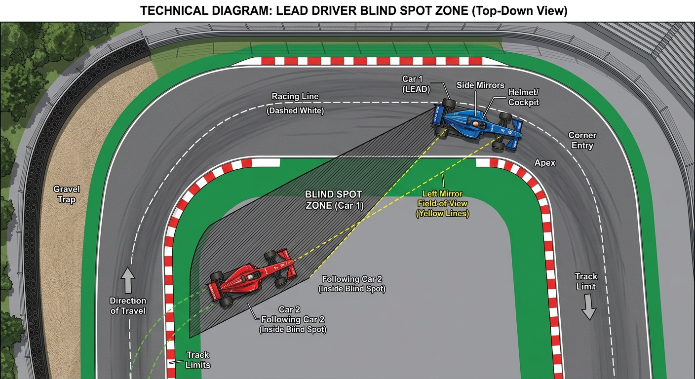 Technical diagrams help stewards visualize the physical relationship between cars and identify where a driver's awareness failed.