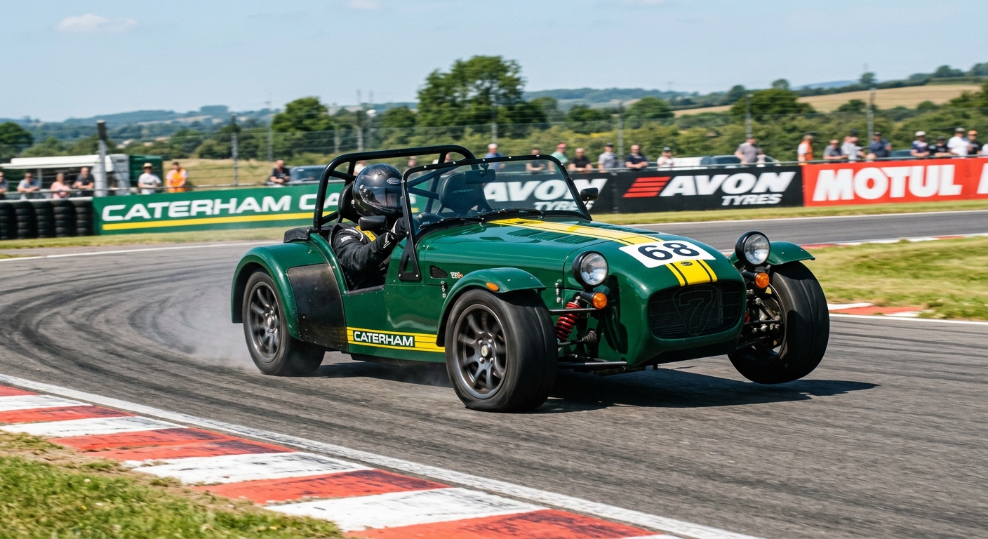 A Caterham 420R mid-corner showing suspension compression and a slight counter-steer angle.