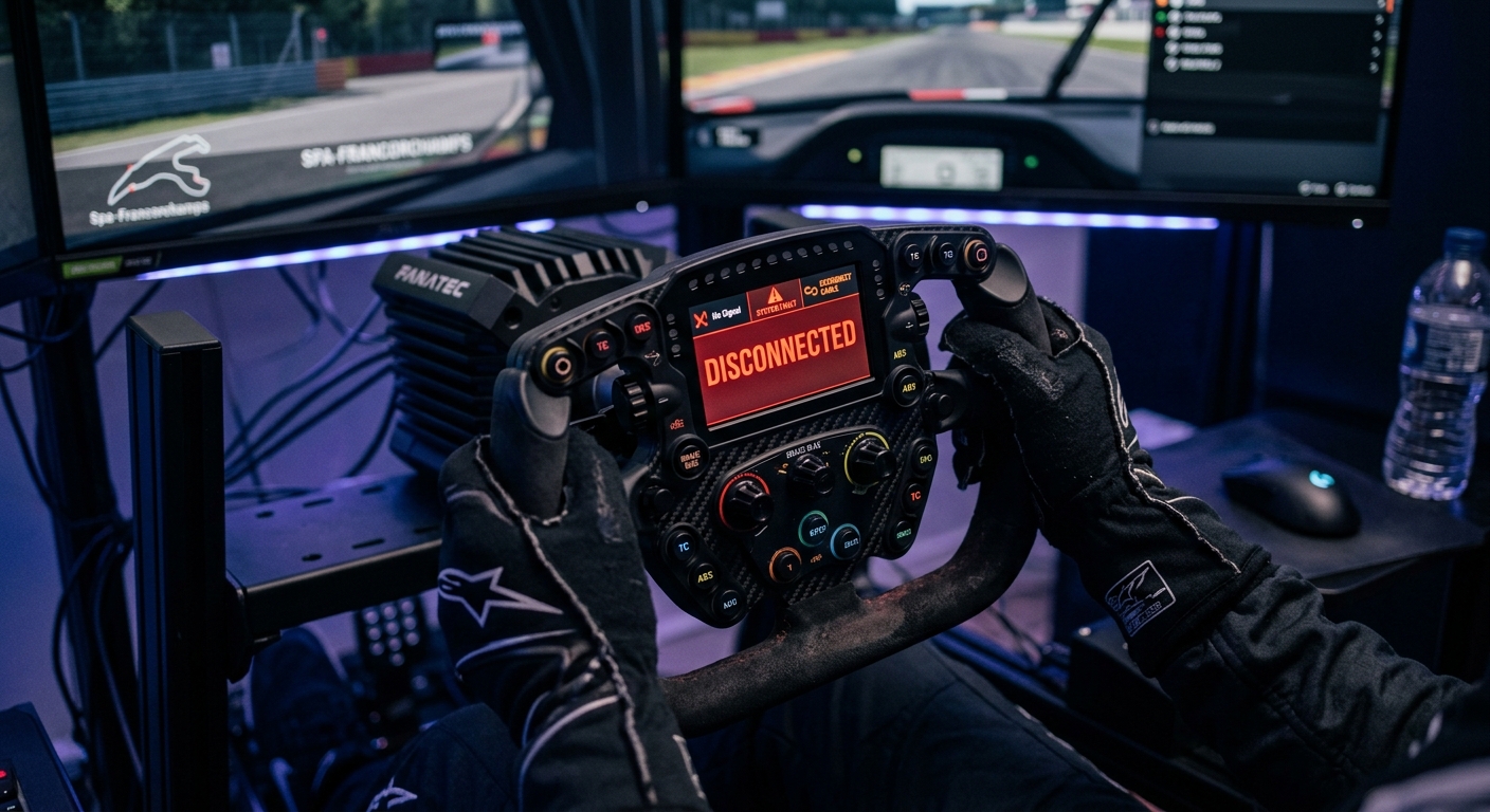 A high-end sim racing wheel showing a critical system disconnection error during a high-speed cornering maneuver.