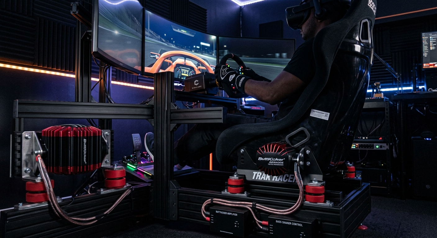 Tactile transducers mounted to a rig frame provide near-instant feedback on car physics and road surfaces.