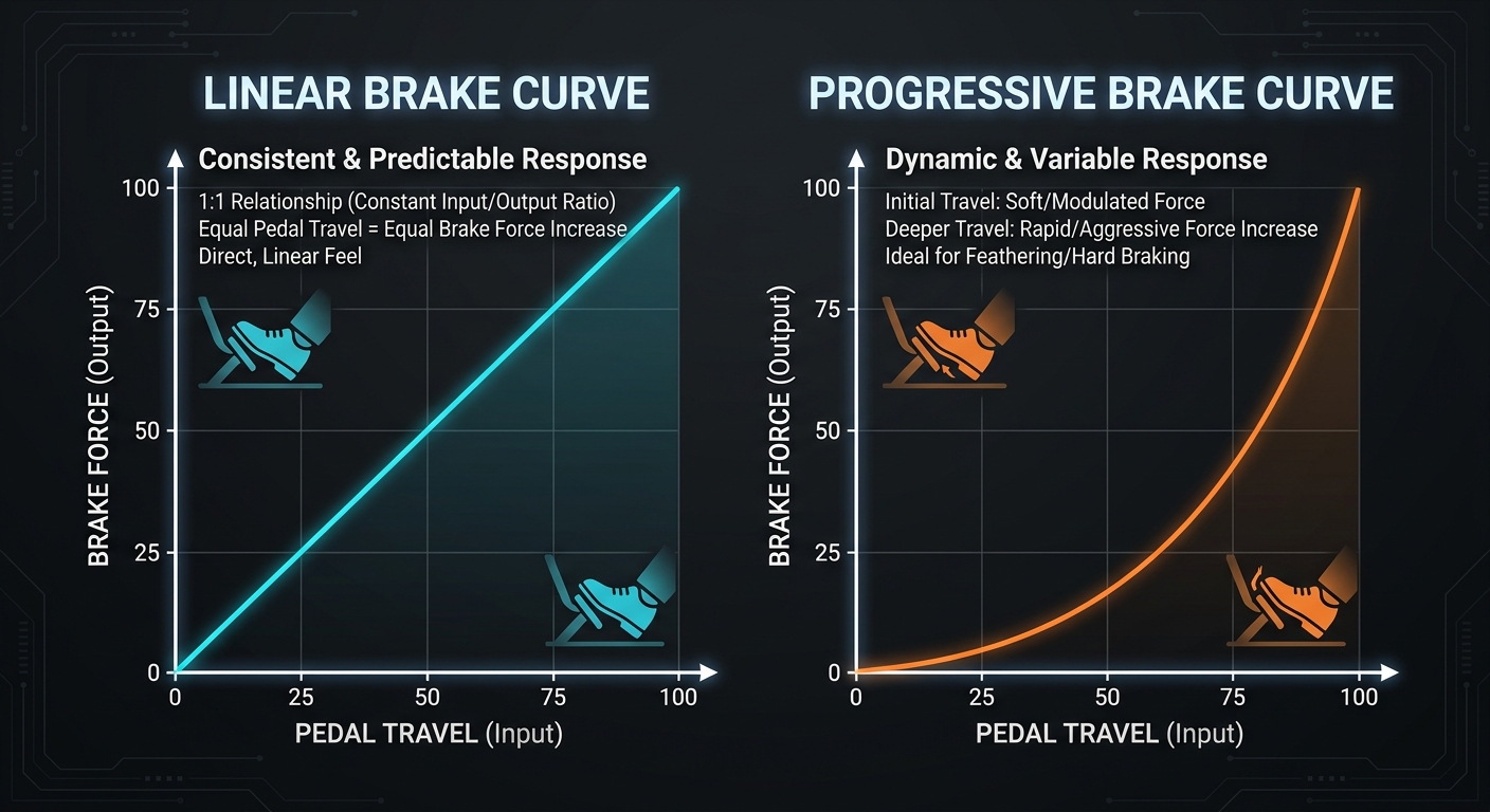 The difference between linear and progressive braking curves visualized through pressure and travel data.