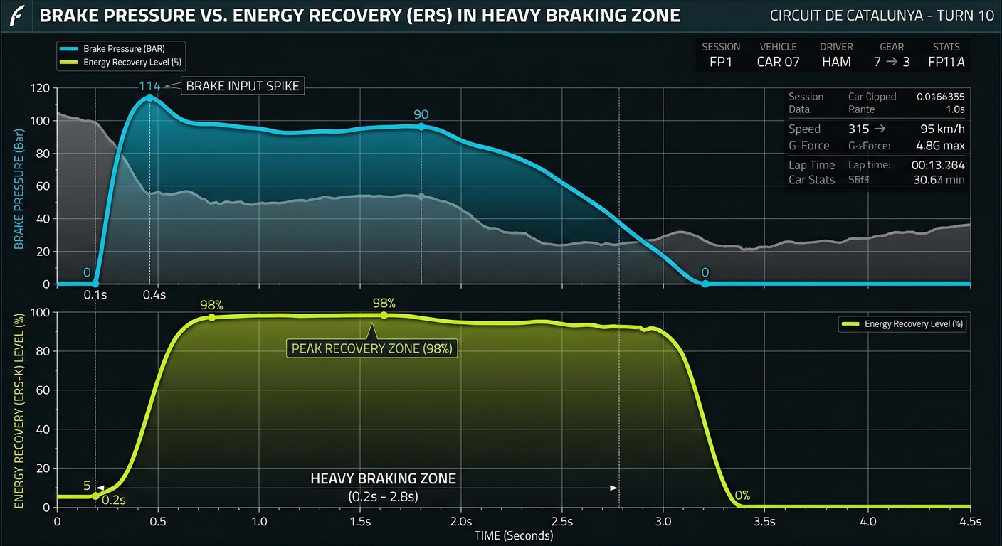 Telemetry data illustrating the relationship between mechanical braking and energy harvesting on corner entry.
