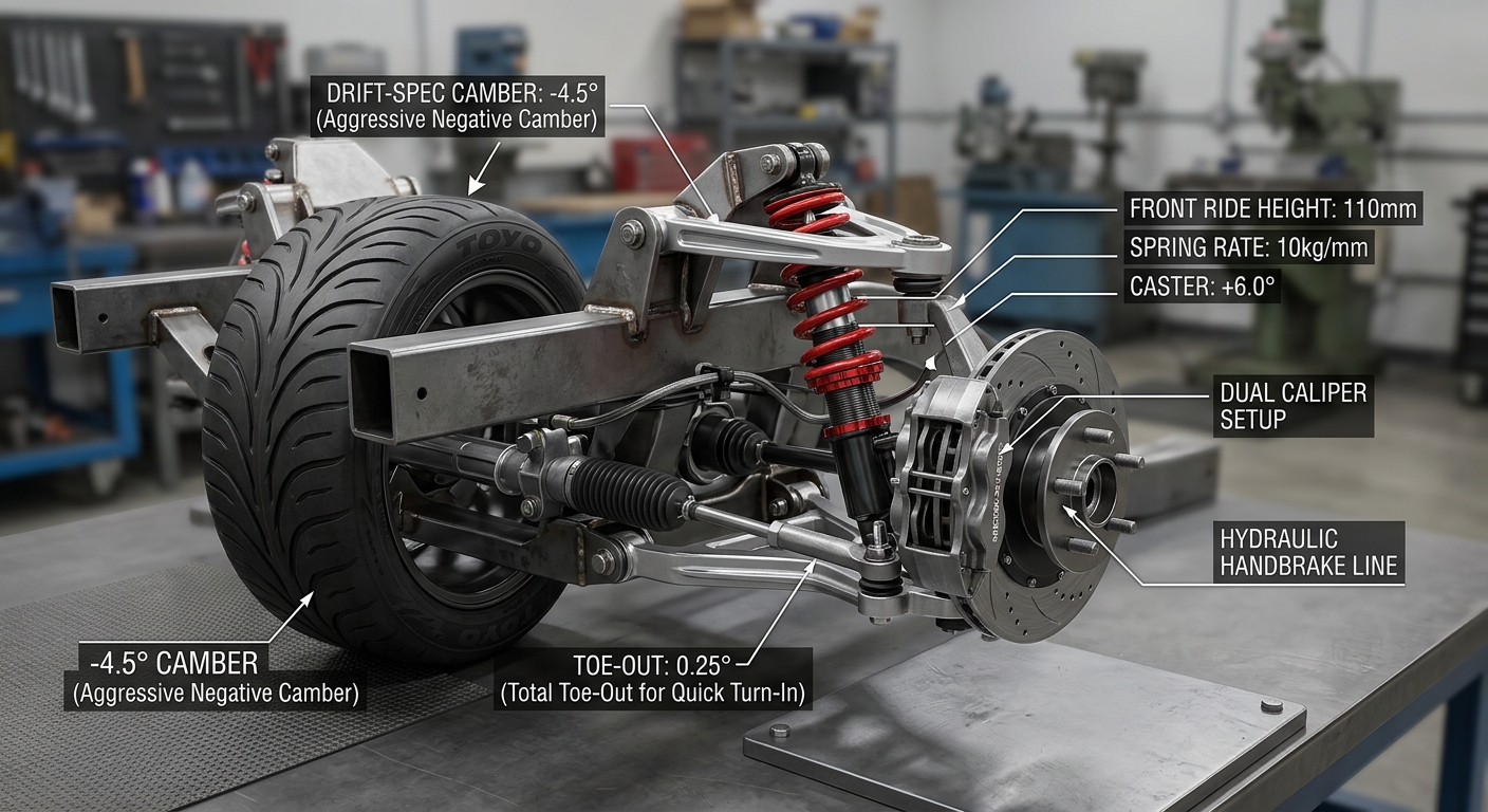 Key suspension tuning parameters for maximizing steering grip during high-angle drift maneuvers.