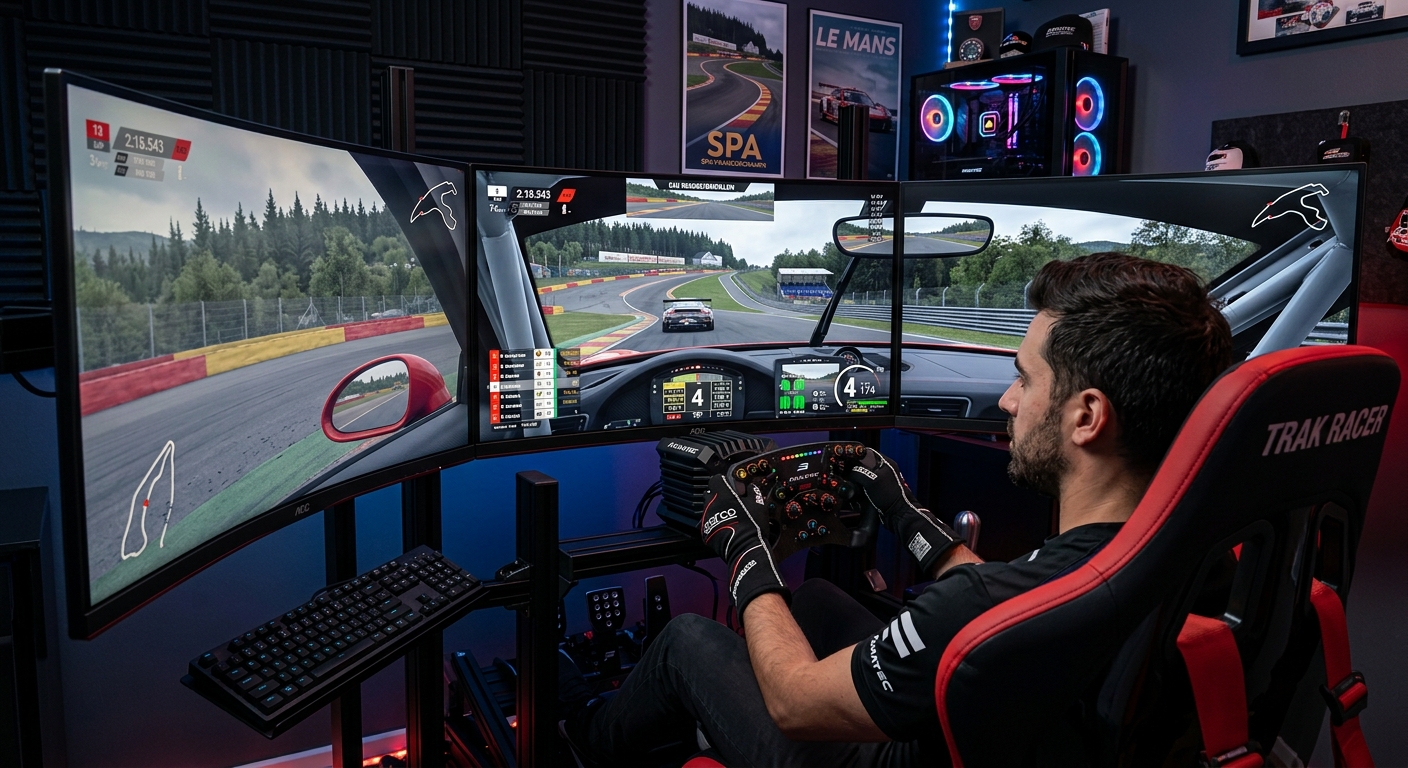 Triple monitor setups provide the necessary wrap-around perspective to see the apex through the side window.