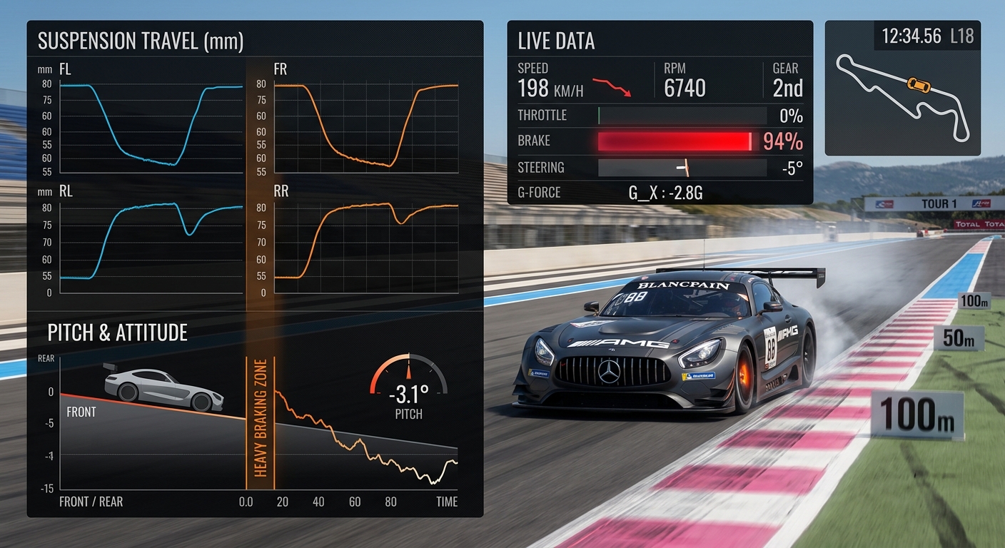 Visualizing how weight shifts forward during braking, affecting rear-end grip and stability in ACC.