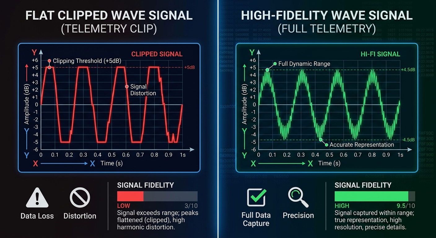 A comparison between a clipped signal and a full-range telemetry signal showing lost detail on lower torque wheels.