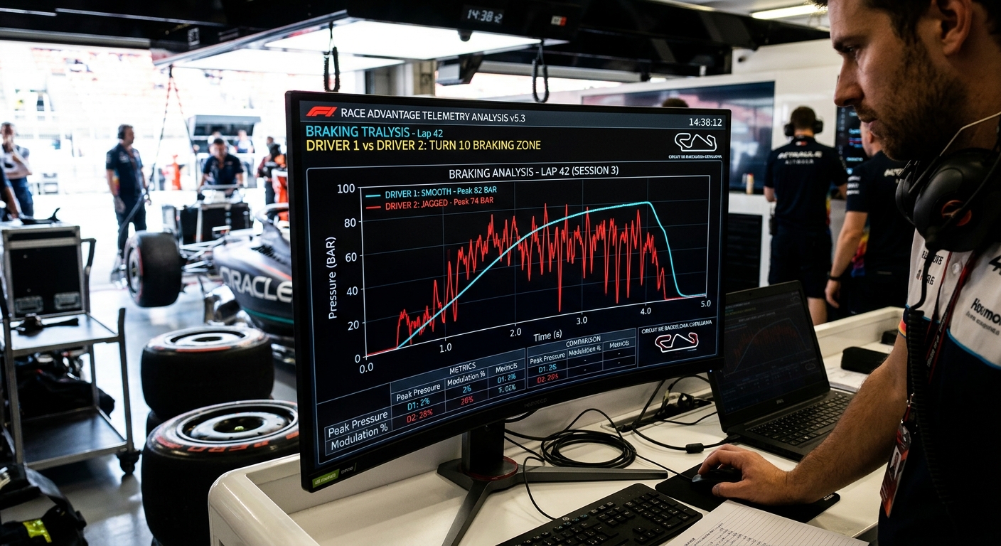 A data-driven comparison on a screen showing smooth versus jagged telemetry traces in the braking zone.