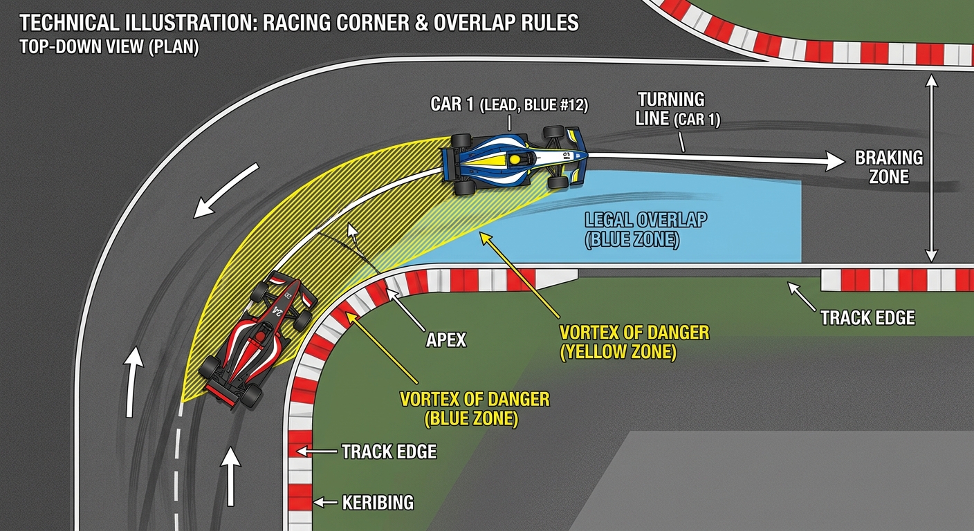 A technical diagram illustrating the required overlap for a legal overtake in league racing.