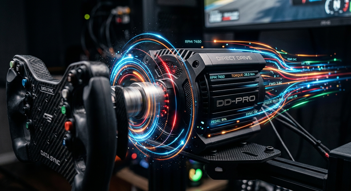 A high-fidelity direct drive motor displaying digital telemetry waves representing precise force feedback data flow.