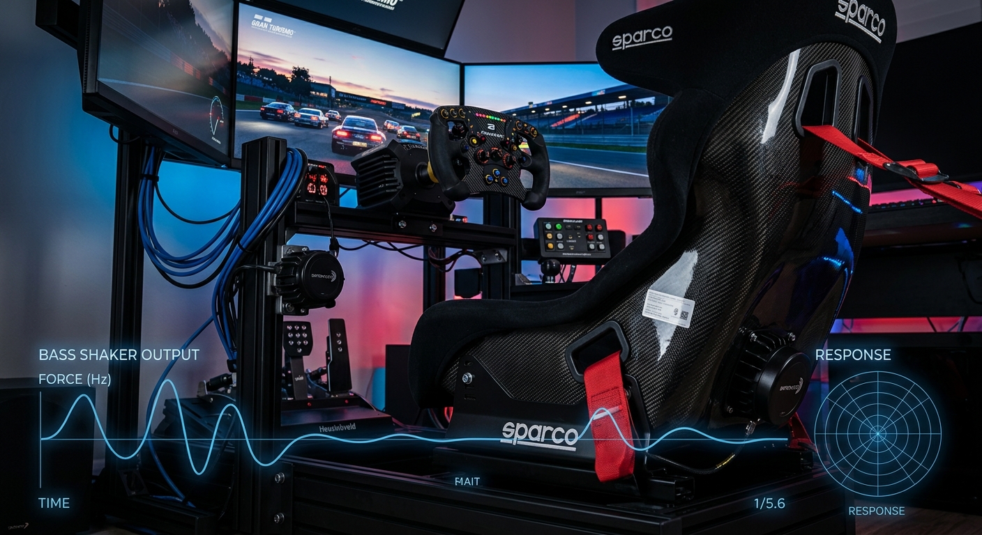 Bass shakers and haptic motors bridge the gap between visual data and physical feeling in the cockpit.