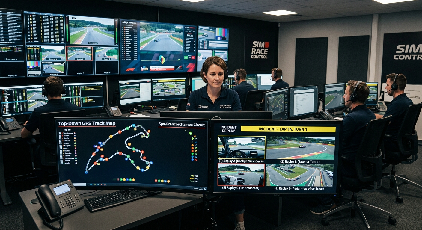 A digital steward reviewing a multi-car incident on a professional race control monitor setup.