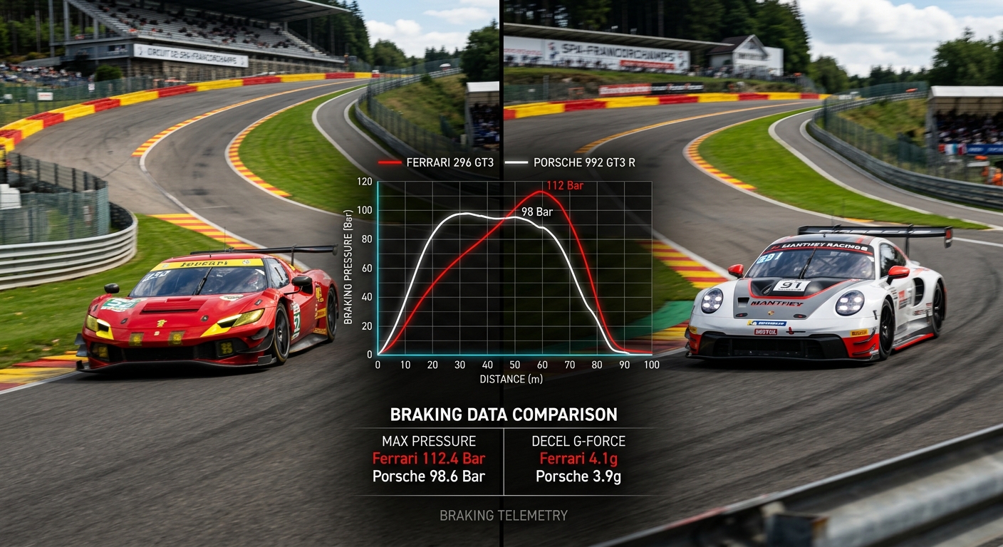 A technical comparison of the Ferrari 296 and Porsche 992 navigating a high-speed corner on track.