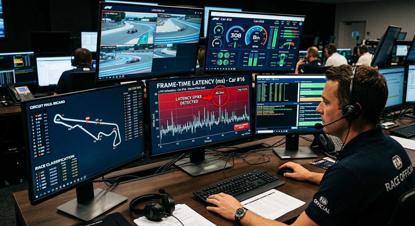 Stewards utilize latency graphs and frame-time data to distinguish between driver error and technical software interruptions.