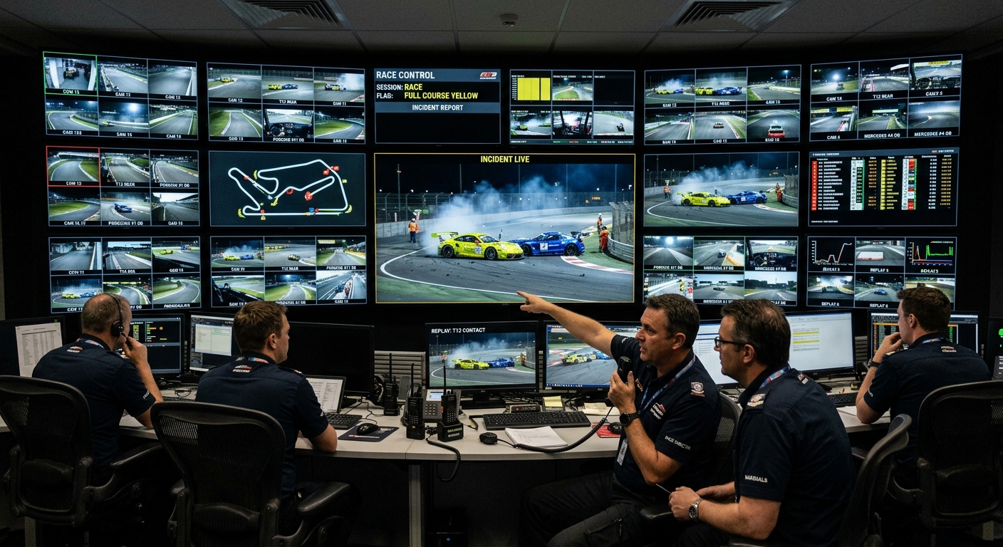 A professional race control interface showing multiple car feeds and real-time incident monitoring tools.