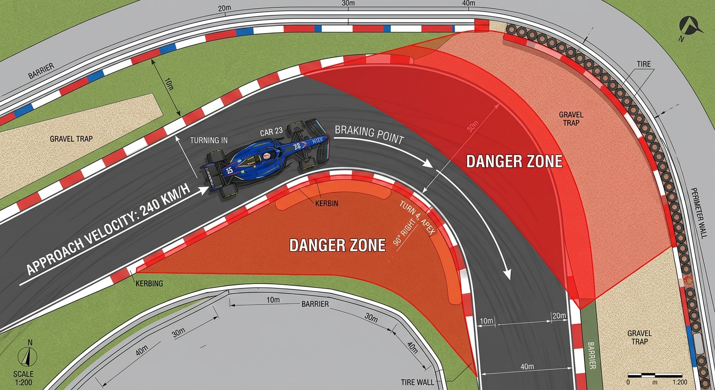 A technical diagram illustrating the Vortex of Danger concept during a corner entry to prevent avoidable contact.