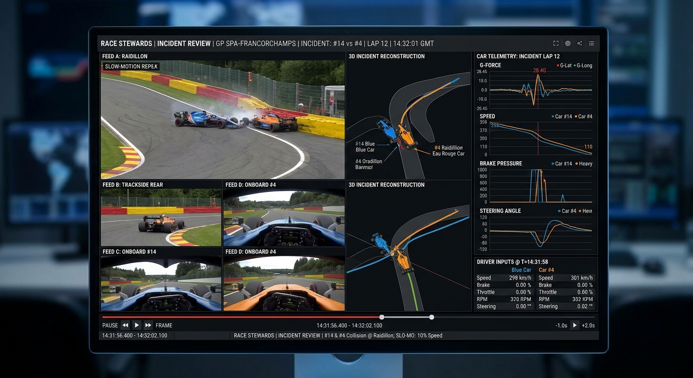 Race control using telemetry and video evidence to grade the severity of a terminal collision.