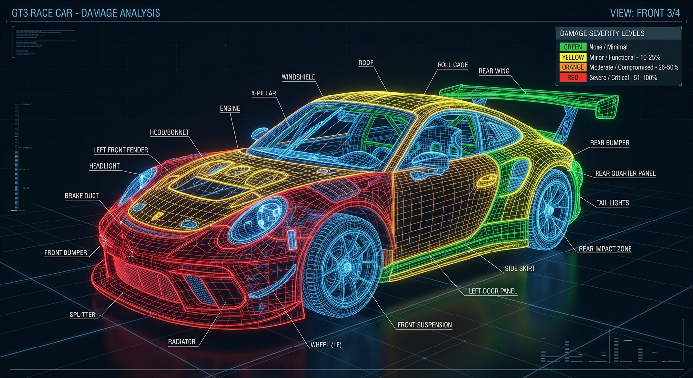 Detailed damage assessment tools allow drivers to make strategic decisions about repairs and safety during endurance events.