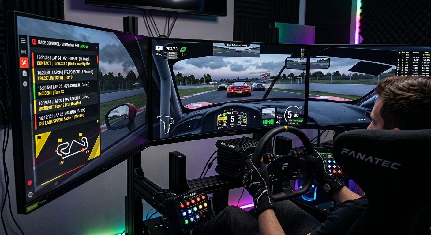 Digital race control interface showing live incident logs and driver safety data during a league event.