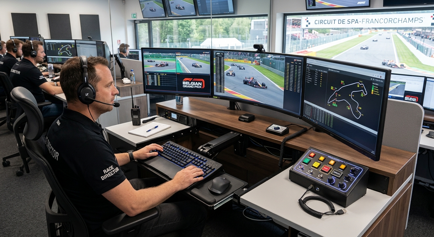 An ergonomic race director workstation featuring a dedicated keyboard mount and a professional button box.