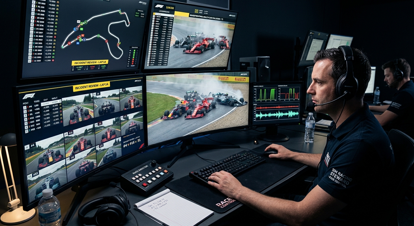 Stewards reviewing a racing incident from multiple angles to ensure objective and fair penalty application.
