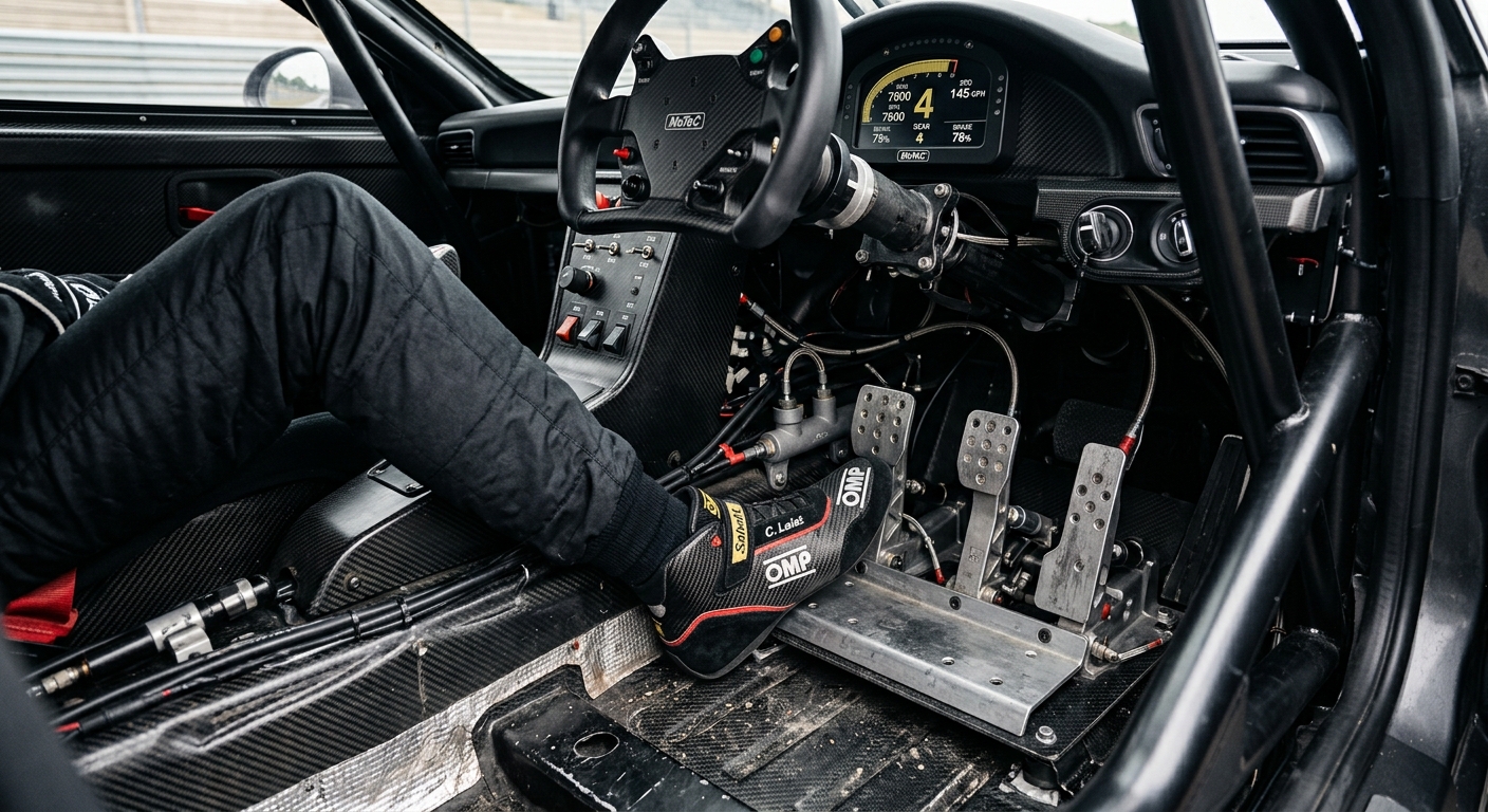 A professional GT3 cockpit view highlighting the floor-mounted pedal configuration used by elite racing teams.
