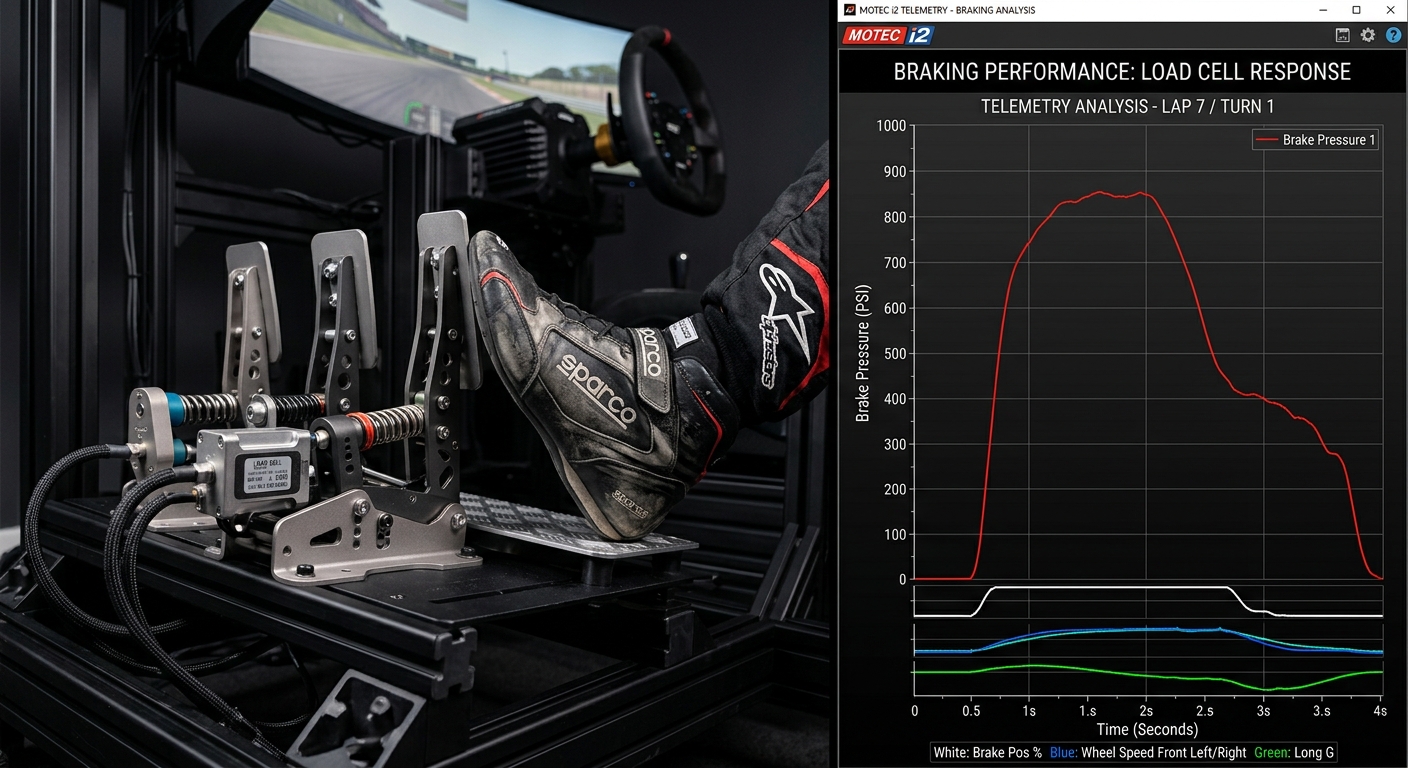 A detailed comparison between digital telemetry brake curves and high-end load cell pedal hardware.