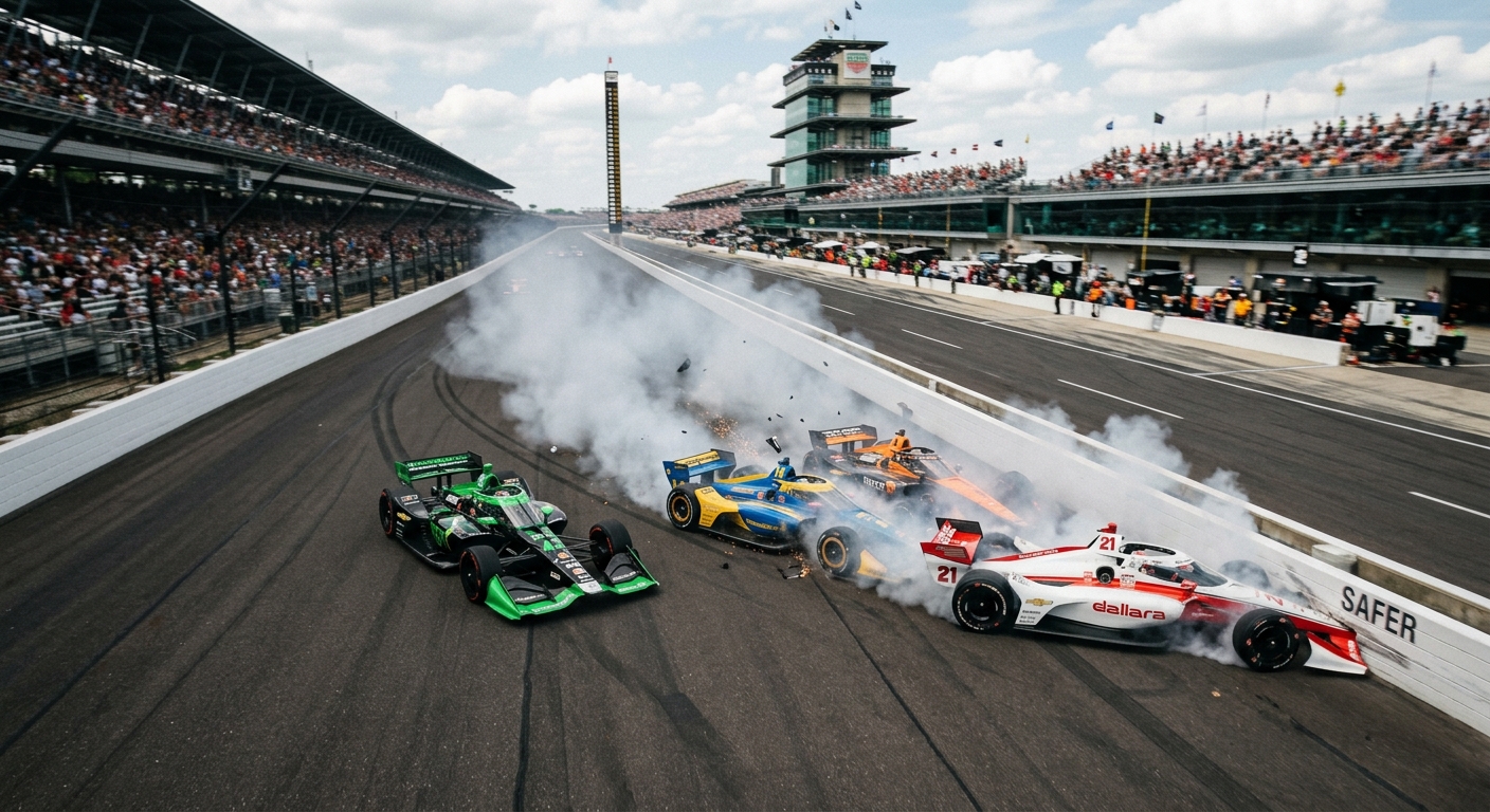 A high-speed multi-car collision at Indianapolis Motor Speedway with one driver narrowly escaping through the smoke.