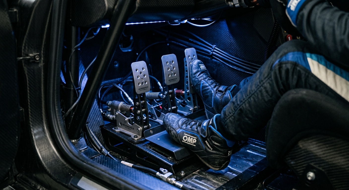 High-end pedal sets require precise calibration to ensure every millimeter of travel is recorded correctly by the sim.