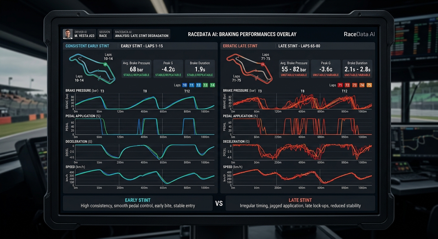 Telemetry data reveals how physical exhaustion impacts braking precision, highlighting the need for better ergonomic rig adjustments.