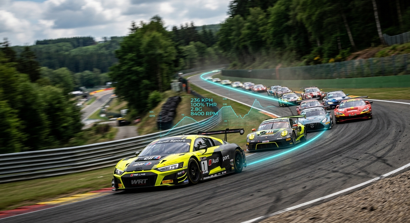 A GT3 pack climbs through the iconic Raidillon at Spa-Francorchamps with speed telemetry overlays.