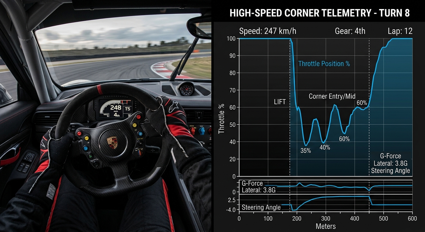 Analyzing throttle application and steering smoothness through the Eau Rouge and Raidillon complex.