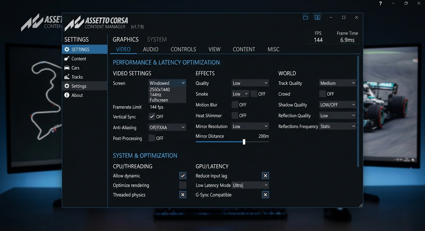 Configuring Content Manager and CSP for performance ensures your hardware resources are focused on physics and input response.