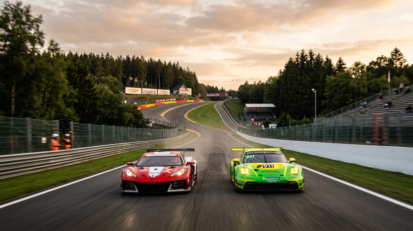 A Corvette GT3 and Porsche 911 GT3 R battling for position on a high-speed circuit straight.