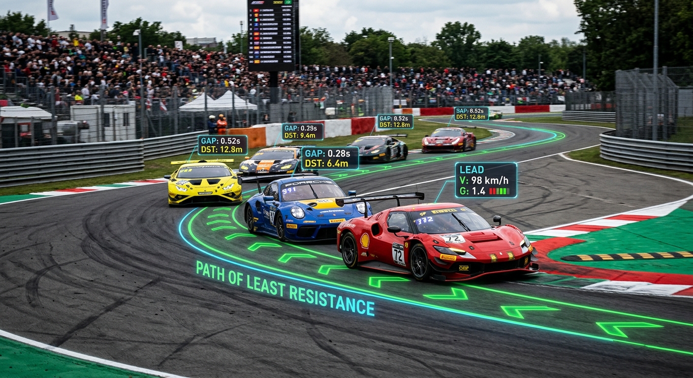 A pack of GT cars entering Monza Turn 1 with predictive hazard overlays highlighting safe escape routes.
