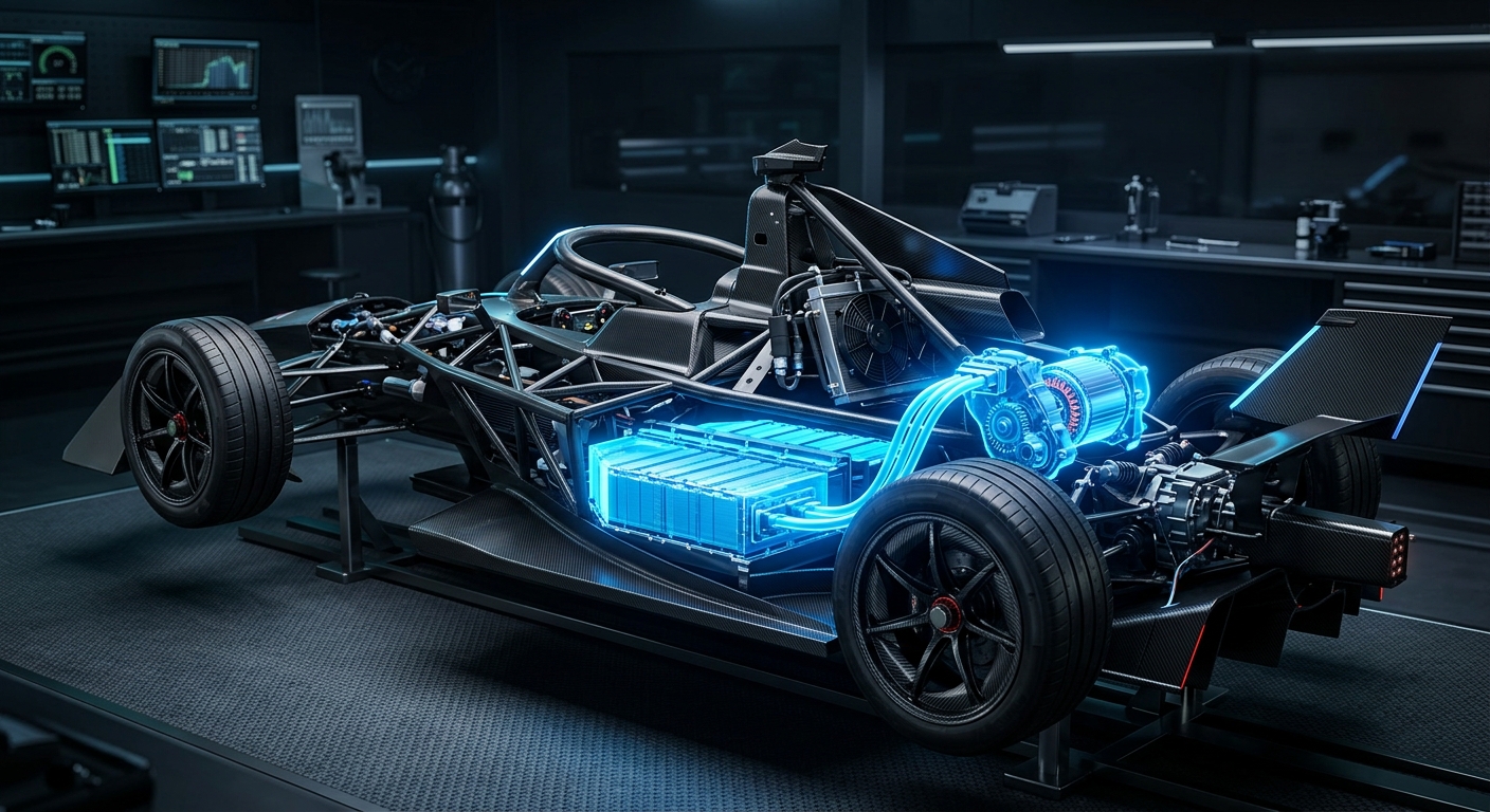 Visualizing the integration of the MGU-K and battery system within a modern hybrid racing prototype.