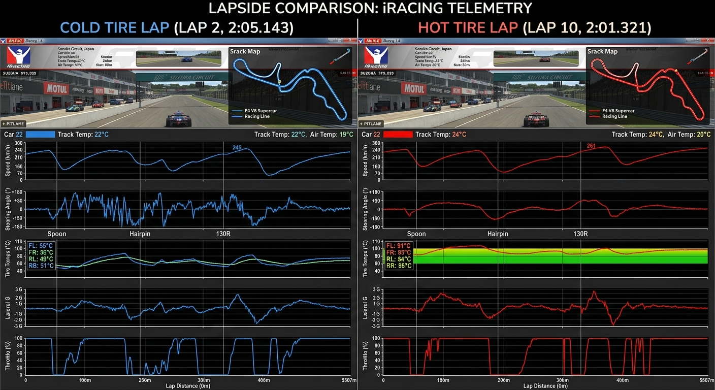 Comparing telemetry traces reveals how braking points must migrate as tire temperatures stabilize.