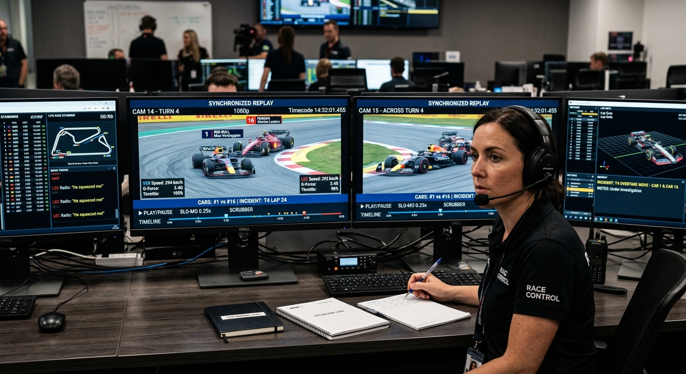 A professional race control environment monitoring high-speed GT3 action on track.