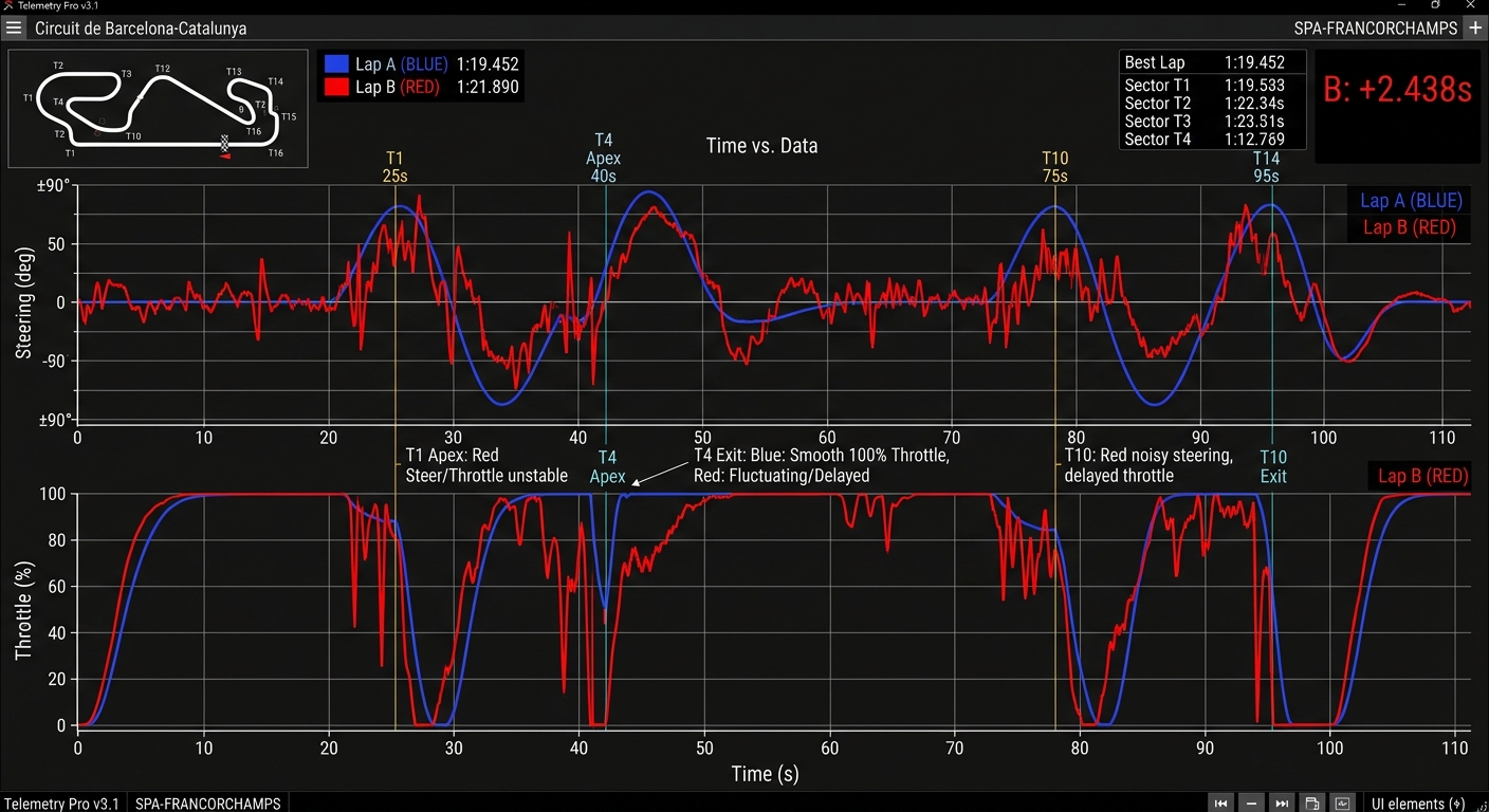 Telemetry data highlights how smoother steering inputs lead to higher minimum corner speeds and better exit drive.